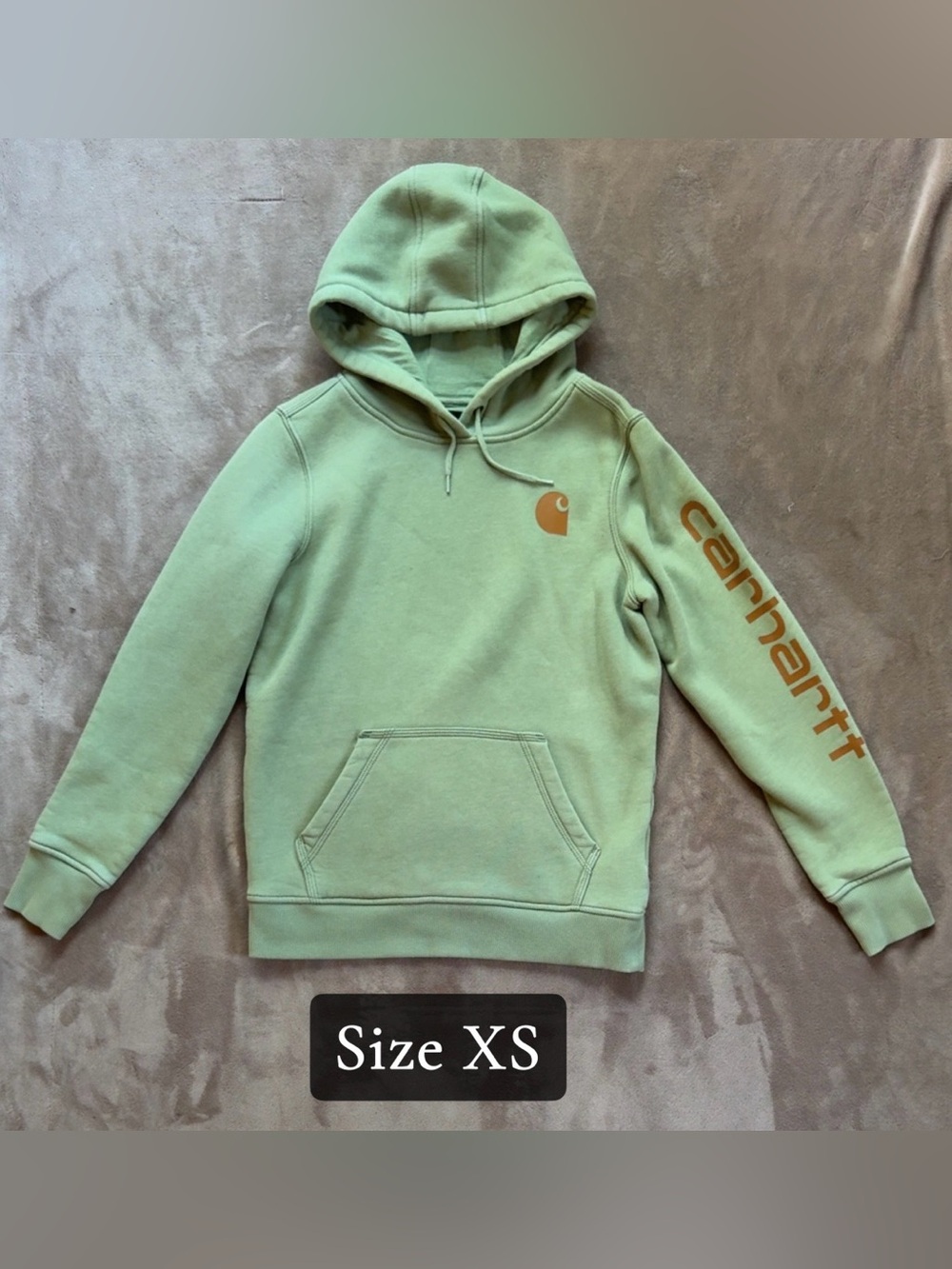 Carhartt Sage Green Logo Pullover Hoodie with Tan Graphics